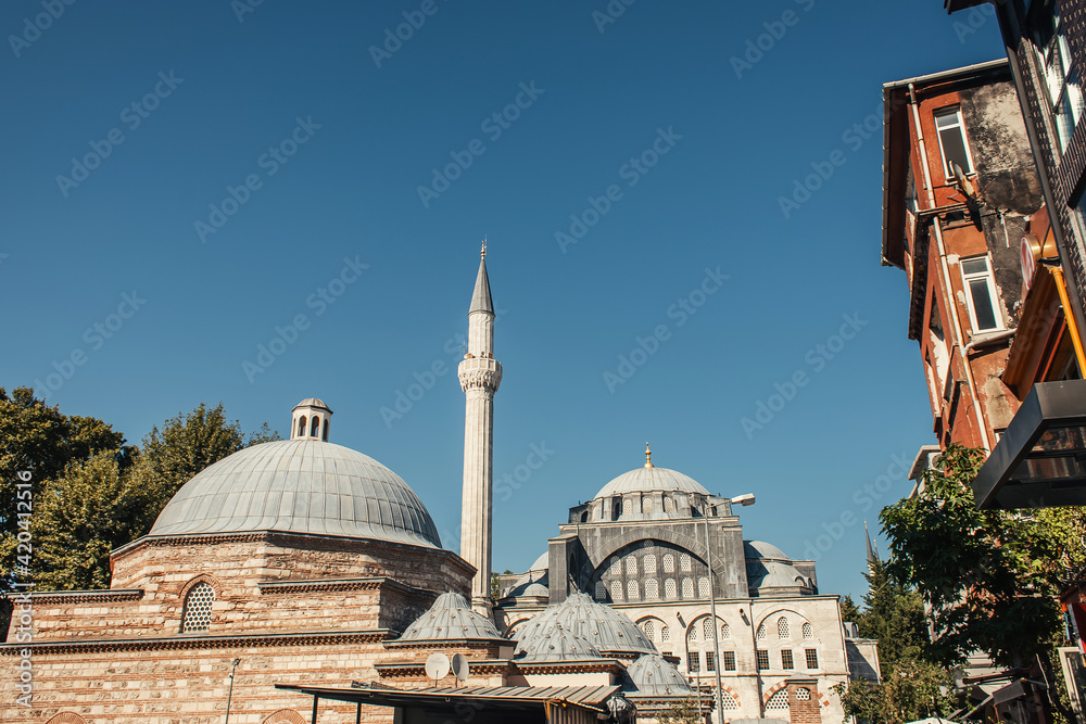 Architecture of Mihrimah Sultan Mosquewith blue sky at background, Istanbul, Turkey