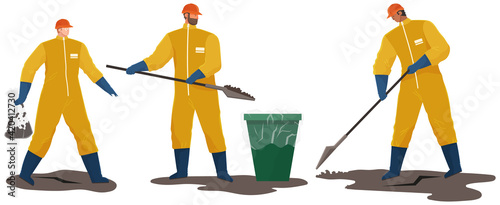 People in protective suits collecting oil and waste. Volunteer people are cleaning dirty area