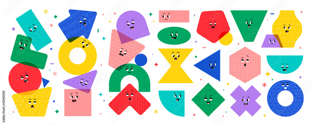 Geometric character shapes with face emotions, different cartoon basic ...