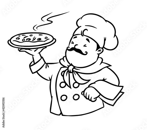 Funny italian chef with pizza. Emblem design