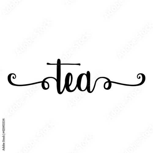 Banner con texto manuscrito tea escrito a mano con florituras en color negro