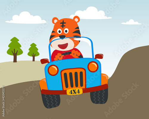Cute tiger cartoon having fun driving a off road car in mountain on sunny day. Vector childish background for fabric textile, nursery wallpaper, card, poster and other decoration. Vector illustration.