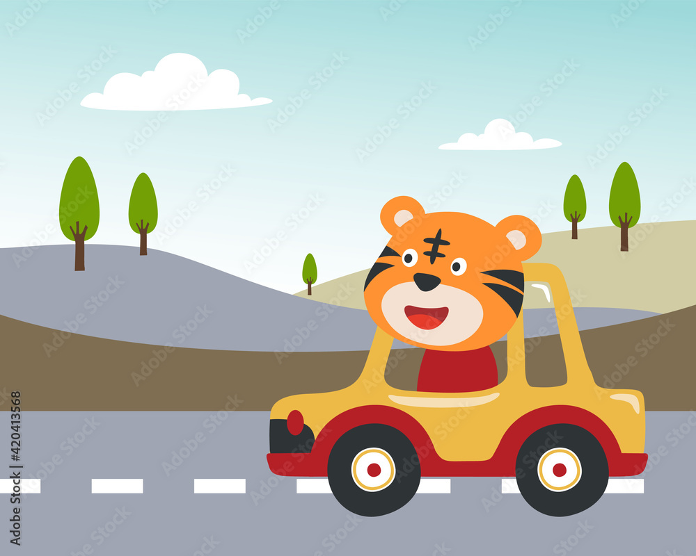 Vector cartoon of funny tiger driving car in the road with village landscape. Can be used for t