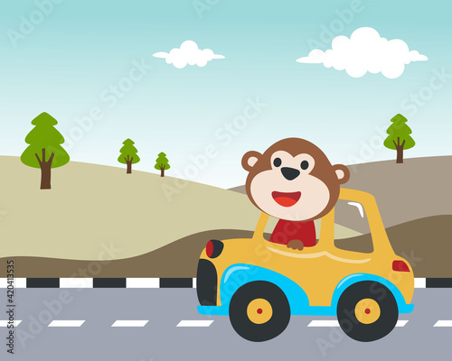 Vector cartoon of funny monkey driving car in the road with village landscape. Can be used for t-shirt printing  children wear fashion designs  baby shower invitation cards and other decoration.
