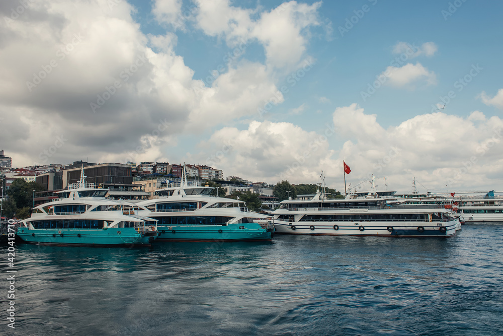 Yachts with turkish flag near coast of Istanbul, Turkey