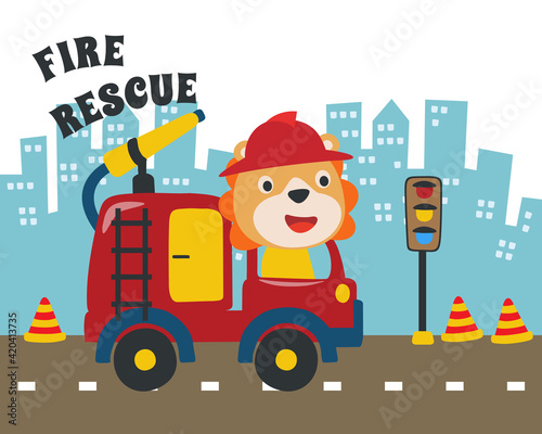 Fire rescue team with funny firefighter, vector cartoon, Creative vector childish background for fabric, textile, nursery wallpaper, poster, card, brochure. vector illustration background.