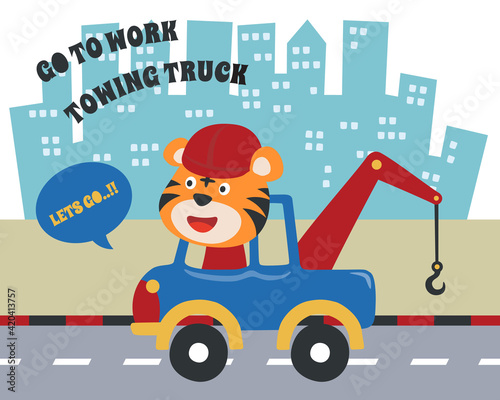 Vector illustration of tow truck cartoon with funny driver, Creative vector childish background for fabric, textile, nursery wallpaper, poster, card, brochure. and other decoration.