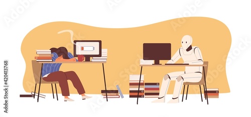 Robot vs human concept. AI versus people at work. Artificial intelligence with high productivity at PC and tired person at workplace. Colored flat vector illustration isolated on white background