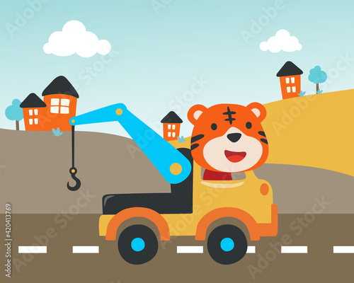 Vector illustration of tow truck cartoon with funny driver, Creative vector childish background for fabric, textile, nursery wallpaper, poster, card, brochure. and other decoration.