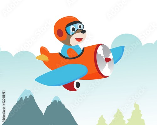 Cute bear flying in airplane cartoon hand drawn vector illustration. Can be used for t-shirt printing, children wear fashion designs, baby shower invitation cards and other decoration. © Hijaznahwani