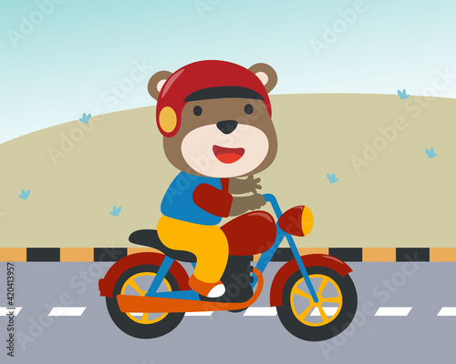 Cool bear and motorcycle funny animal cartoon,vector illustration. Creative vector childish background for fabric, textile, nursery wallpaper, poster, card, brochure. and other decoration.