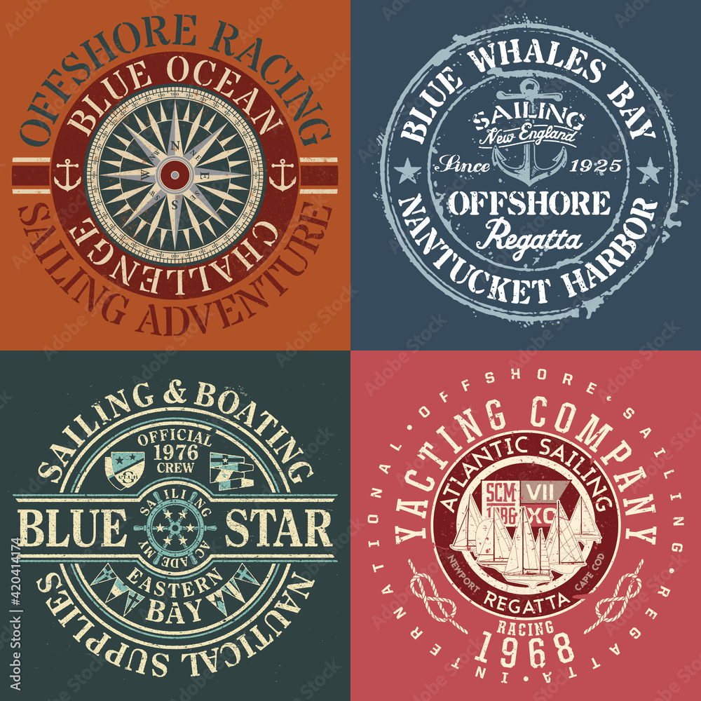 Extreme yacht racing vintage ocean sailing vector collection of grunge prints for t shirt