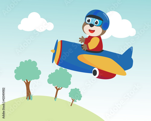 Cute bear flying in airplane cartoon hand drawn vector illustration. Can be used for t-shirt printing  children wear fashion designs  baby shower invitation cards and other decoration.