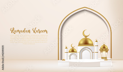 3d ramadan kareem background with golden lamp lantern, gift box and podium.