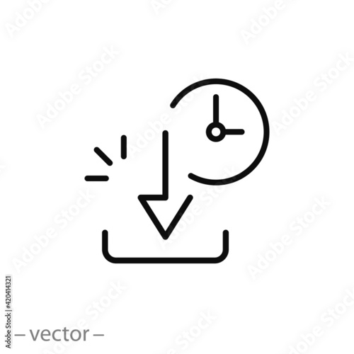 download time icon, file inbox, upload button with clock, thin line web symbol on white background - editable stroke vector illustration