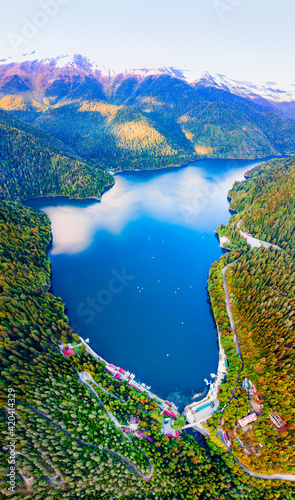 Lake Ritsa aerial panoramic view, Abkhazia photo