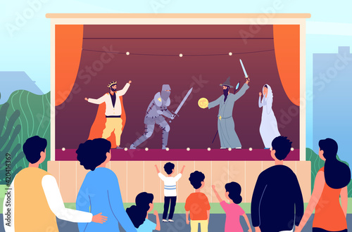 Street theater. Culture entertainment, outdoor family art performance. Magician show on stage for children, park festival vector illustration