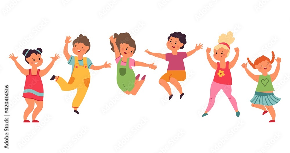 Kids jumping. Happy cartoon child, excited children jump together. Fun  preschool boy girl, isolated friends playing laugh vector illustration  Stock Vector | Adobe Stock