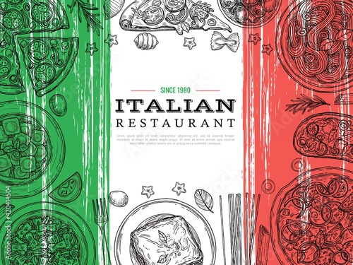 Italian food banner. Restaurant menu, vegetables and spaghetti sketch. Italy cuisine, lunch poster with pizza pasta ravioli vector design