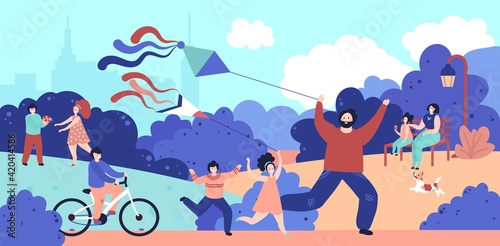 Family in park. People couple outdoor, person sport activity and walking. Bike recreation, run happy parents with kids vector illustration