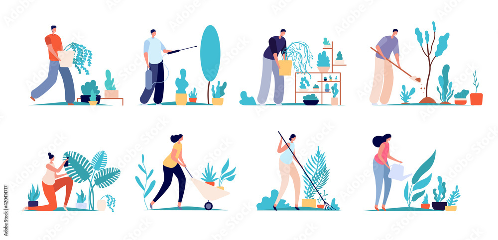 People work in garden. Farm botanists, natural gardening worker characters. Flat agriculture labor, florist care flowers utter vector set People work in garden. Farm botanists, natural gardening worker characters. Flat agriculture labor, florist care flowers utter vector set
