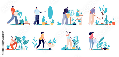 People work in garden. Farm botanists, natural gardening worker characters. Flat agriculture labor, florist care flowers utter vector set