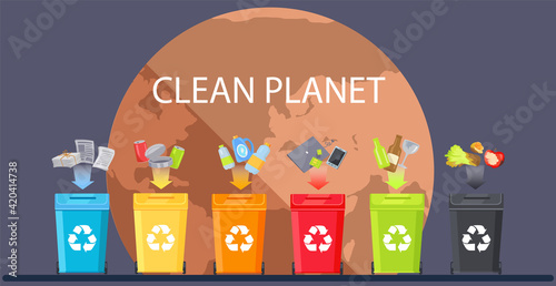 Containers for different types of waste. Waste sorting according to material. Clean planet concept