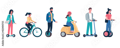 Vector Eco friendly alternative vehicles set. People, men and women ride modern electric scooter, gyroboard, skateboard, bicycle, mopeds.