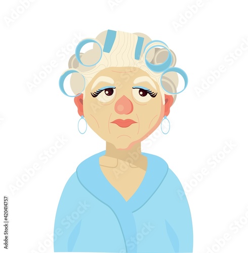 An elderly woman in a dressing gown and curlers. Home clothes. Grandmother. Vector illustration