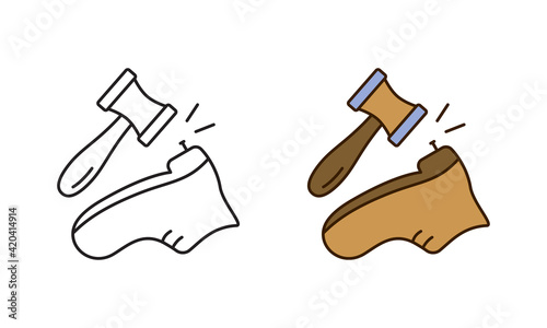 Cobbler or shoemaker logo. Shoe repair pictogram. Linear icon and color version. Black simple illustration of boot with nail and hammer. Contour isolated vector on white background