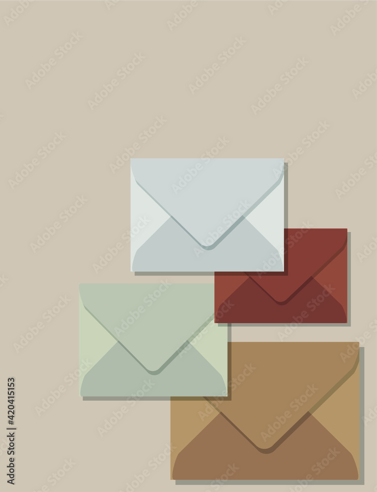 Four envelopes in beige shades. Flat illustration on isolated background. Modern concept. Design for posters, backgrounds, cards, templates, design elements. Four envelopes in beige shades. Flat illustration on isolated background. Modern concept. Design for posters, backgrounds, cards, templates, design elements.
