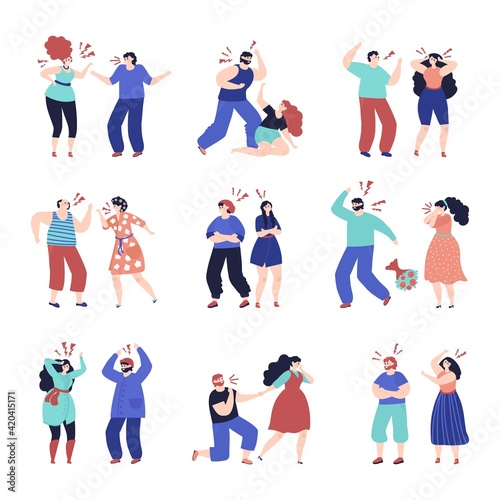Family conflict. Disrespect people, quarrel brawl in couple. Angry woman man, domestic violence abuse or criticism in pair decent vector set