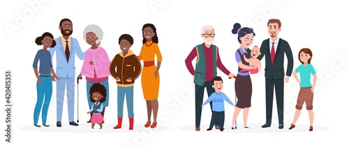 Cute happy family. Afroamerican european parents, grandparents children. Isolated cartoon mother father toddlers vector set