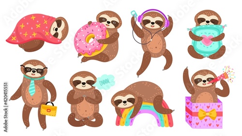 Sloth characters. Isolated sloths, lazy funny cartoon animal reading. Sleep on colorful rainbow, baby meditation dancing exact vector set