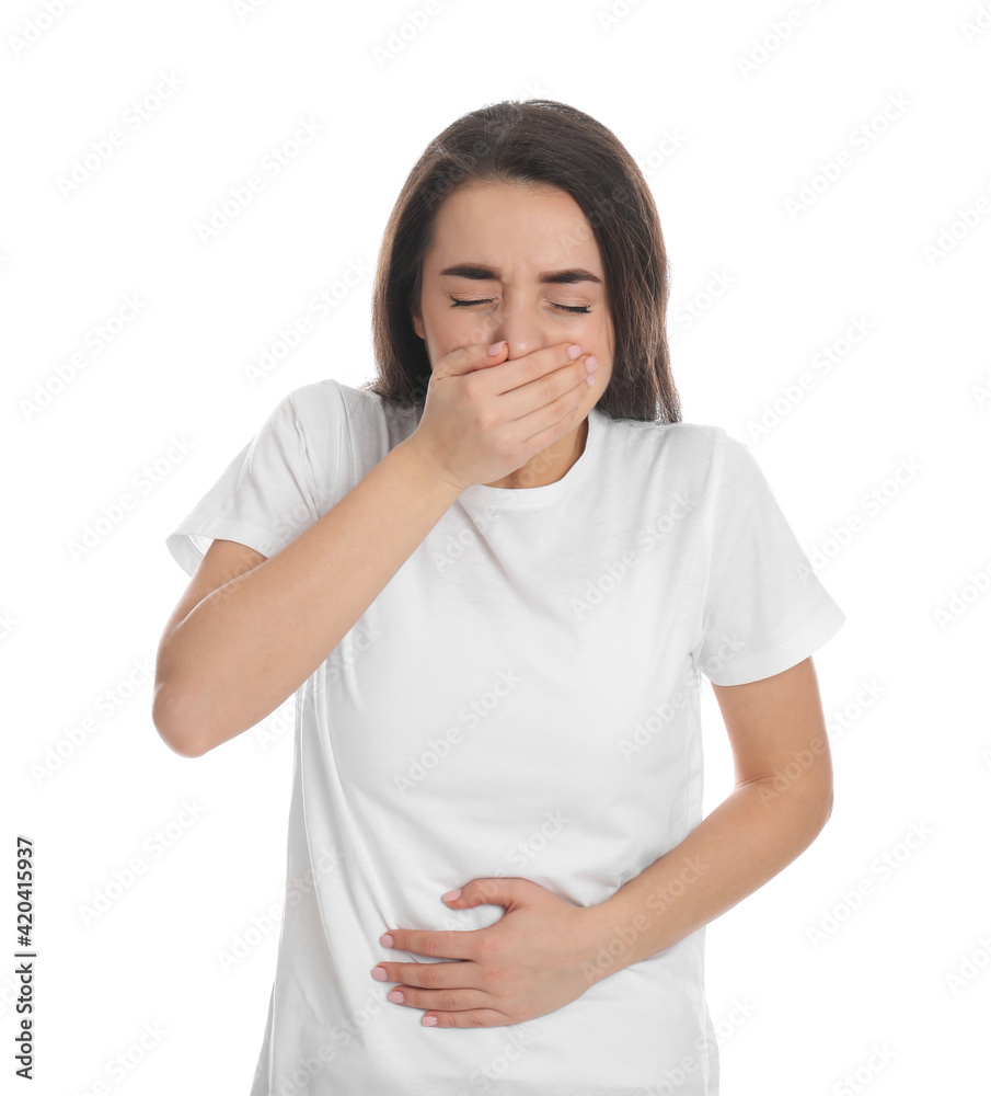 Young woman suffering from stomach ache and nausea on white background. Food poisoning Young woman suffering from stomach ache and nausea on white background. Food poisoning