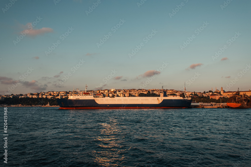 Cargo ship moored in port of Istanbul, Turkey