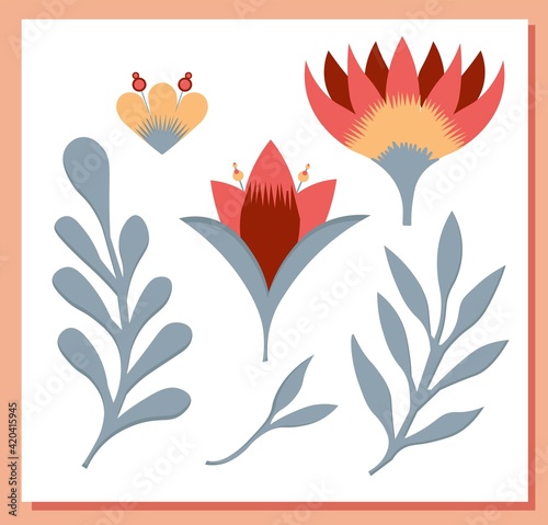 Stylized floral elements isolated. For creating patterns and decorating designs. Petrikovskaya painting. Vector illustration
