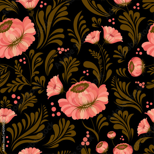 Seamless pattern in folk style. Petrikovskaya painting. Sign painting. Russian and Ukrainian national ornament. Vector illustration