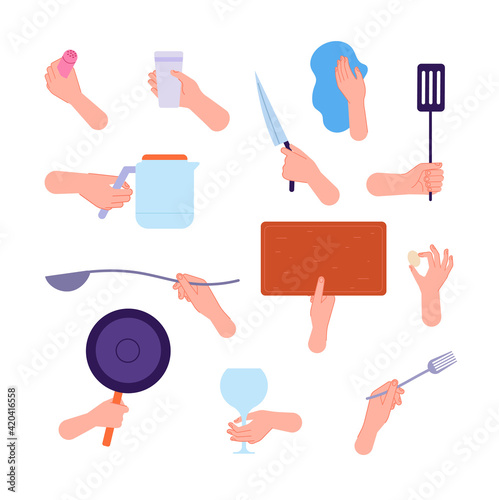 Hands hold kitchen tools. Woman hand holding knife, spoon fork and cutlery. People cooking, clean utensils in arms utter vector collection