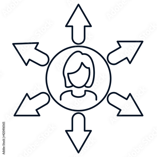 Silhouette of a woman, arrows. Distributor business woman concept. Vector icon isolated on white background. 