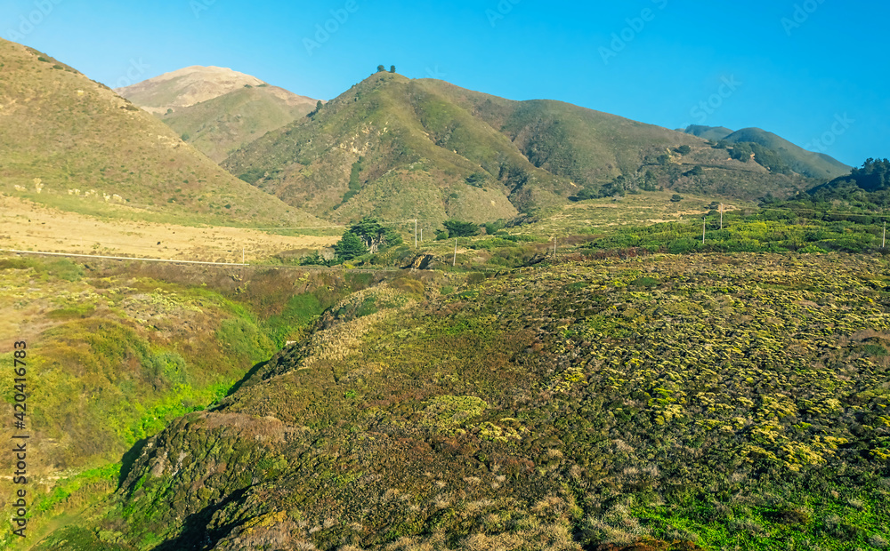 Obraz premium Aerial view from drone, beautiful landscape on Pacific Highway 1, travel south to Los Angeles, Big Sur, California. Concept, vacation, tourism