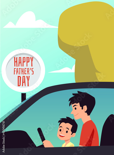 Happy father s day poster with father teaching a son driving a car.