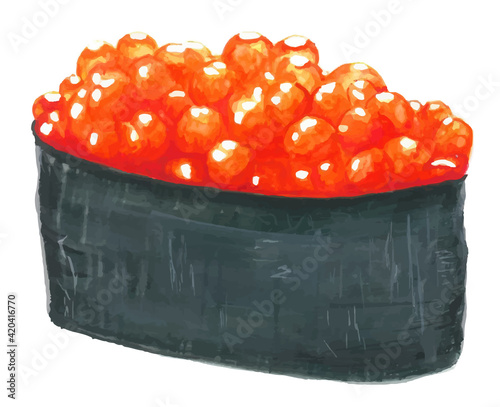 Fresh sushi ikura with salmon roe and seaweed watercolor hand drawn illustration isolated on white bachground . High quality photo