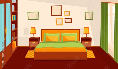 Cozy bedroom interior. Comfort room, flat cartoon living apartment with window. Sleep furniture, modern bed table mirror recent vector illustration
