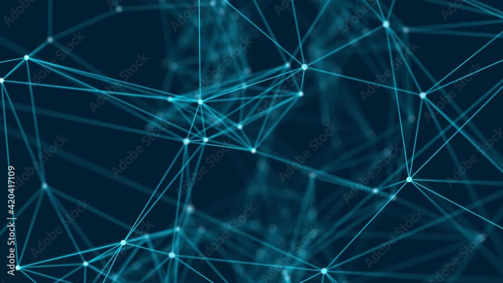 Abstract plexus of moving glowing dots and lines. Network or digital connection. Technology background. 3d rendering. 4K. Seamless loop.