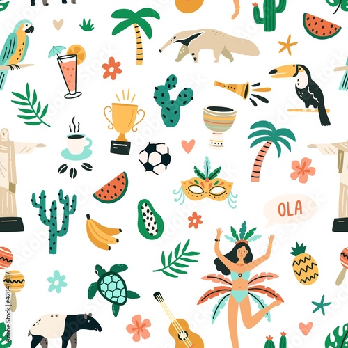 Seamless Brazilian pattern with symbols of Brazil on white background. Endless repeatable texture with food, animals, birds and plants of Brasil. Hand-drawn colored flat vector illustration