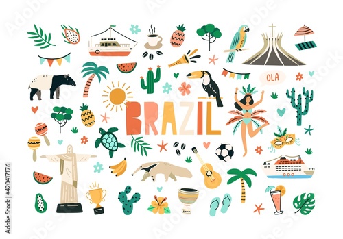 Colorful set of Brazilian culture and nature. Bundle of Brazil national symbols isolated on white background. Colored flat vector illustration of animals, plants, statues and food of Brasil photo