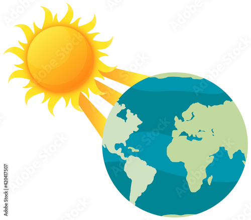 Sun shines rays on planet and heats it. Global warming and environmental problems concept