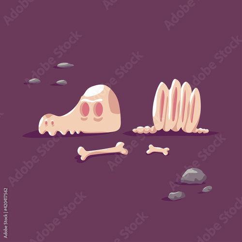 Dinosaur skeleton, skull and bones vector cartoon illustration isolated on background.