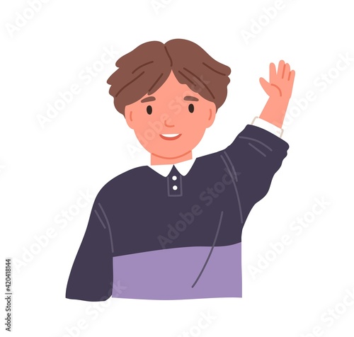 Smiling child waving with hand and saying hi. Portrait of boy with happy face...